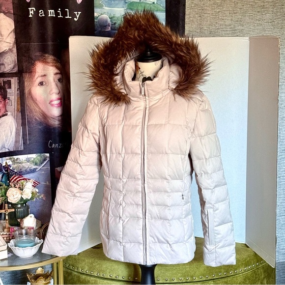 CALVIN KLEIN JACKET CREAM PUFFER VELOUR FLEECE LINED TORSO FAUX FUR HOOD SIZE MD - Picture 2 of 2